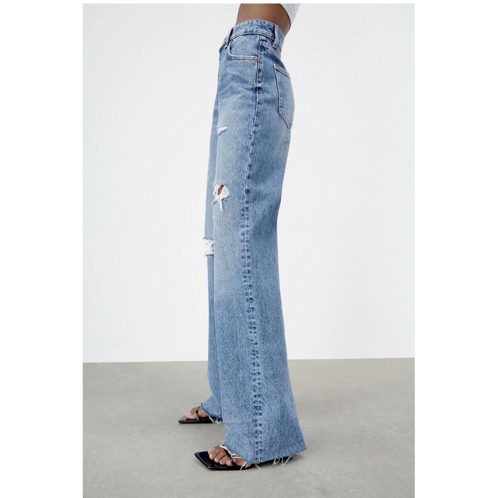 QUẦN JEANS RÁCH DÁNG WIDE LEG MÀU XANH - 6045/227