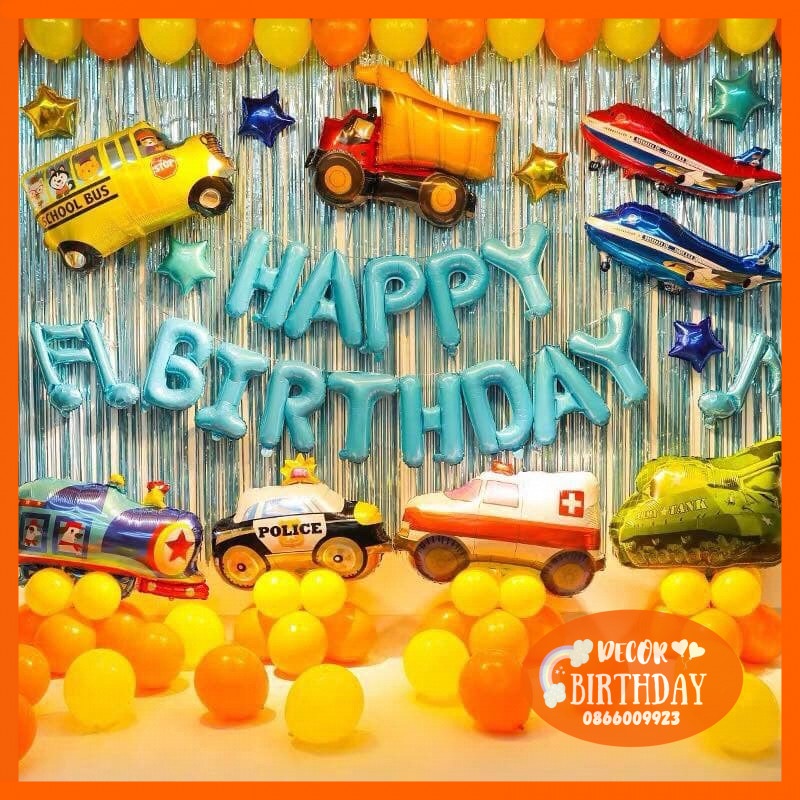 Set Trang Trí Sinh Nhật CHỦ ĐỀ Ô TÔ Bóng Dày Dặn, Màu Sắc Đẹp, Set Y Hình Tặng Kèm Đồ Bơm Băng Dính
