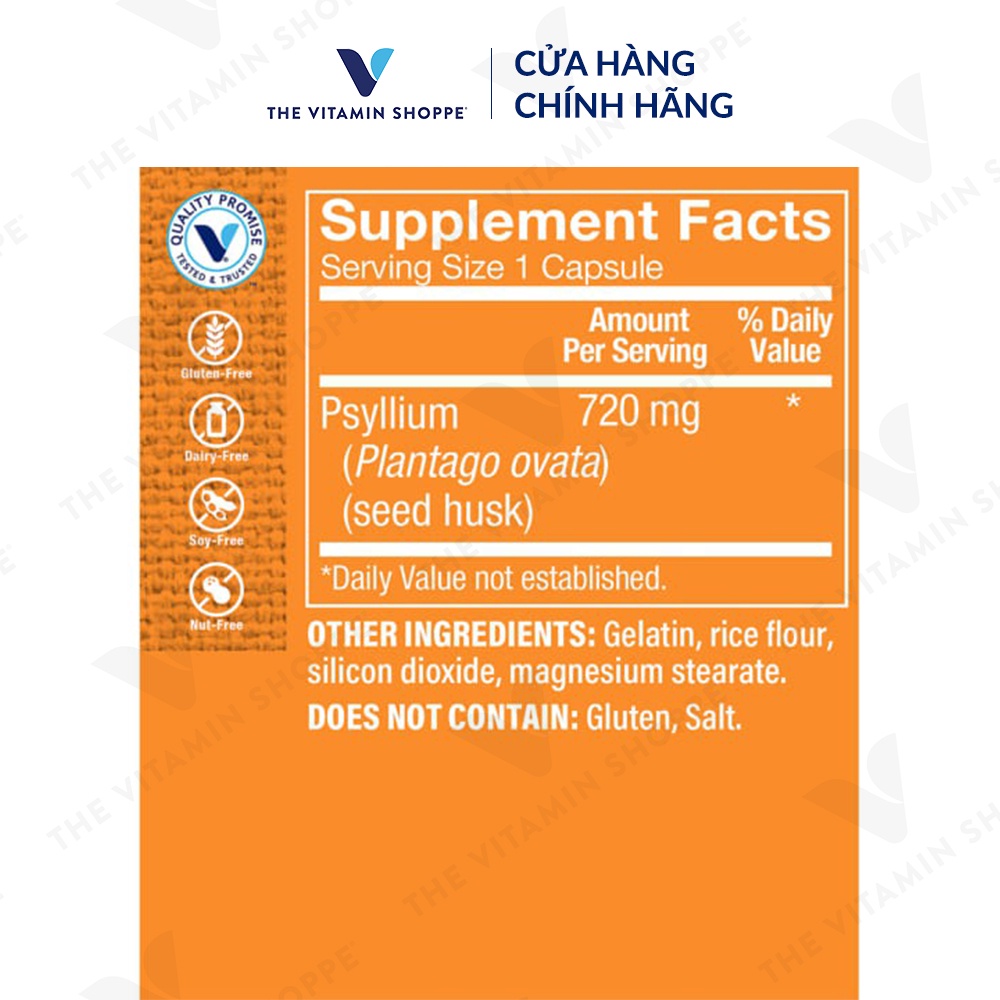 Viên uống giảm triệu chứng táo bón tiêu chảy THE VITAMIN SHOPPE Psyllium Husks 100 viên