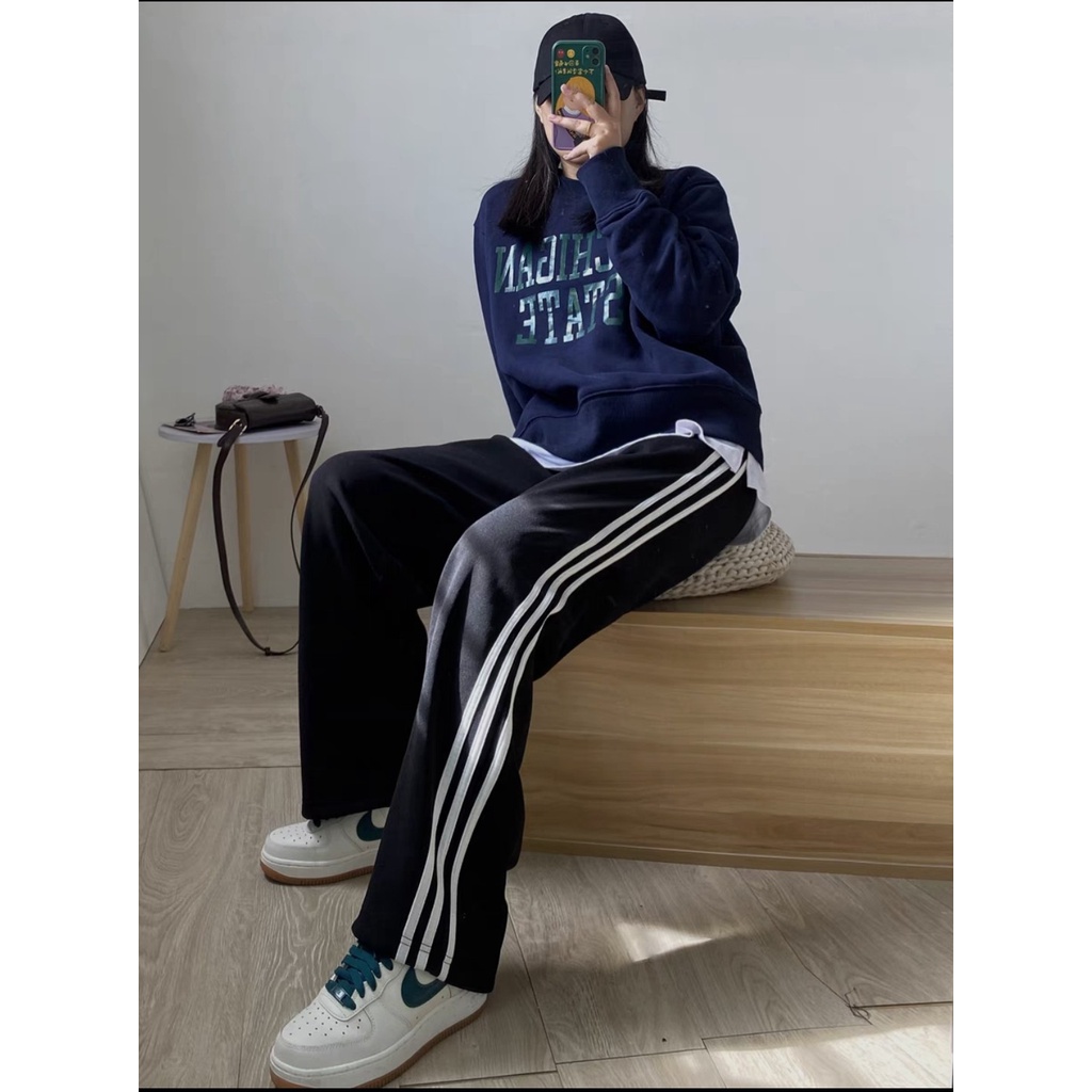 Quần ống rộng thể thao nữ 3 sọc cạp chun thun dây rút gấu màu đen đi học sinh Quần jogger nữ bo gấu dài vải UMÌ hàn dày
