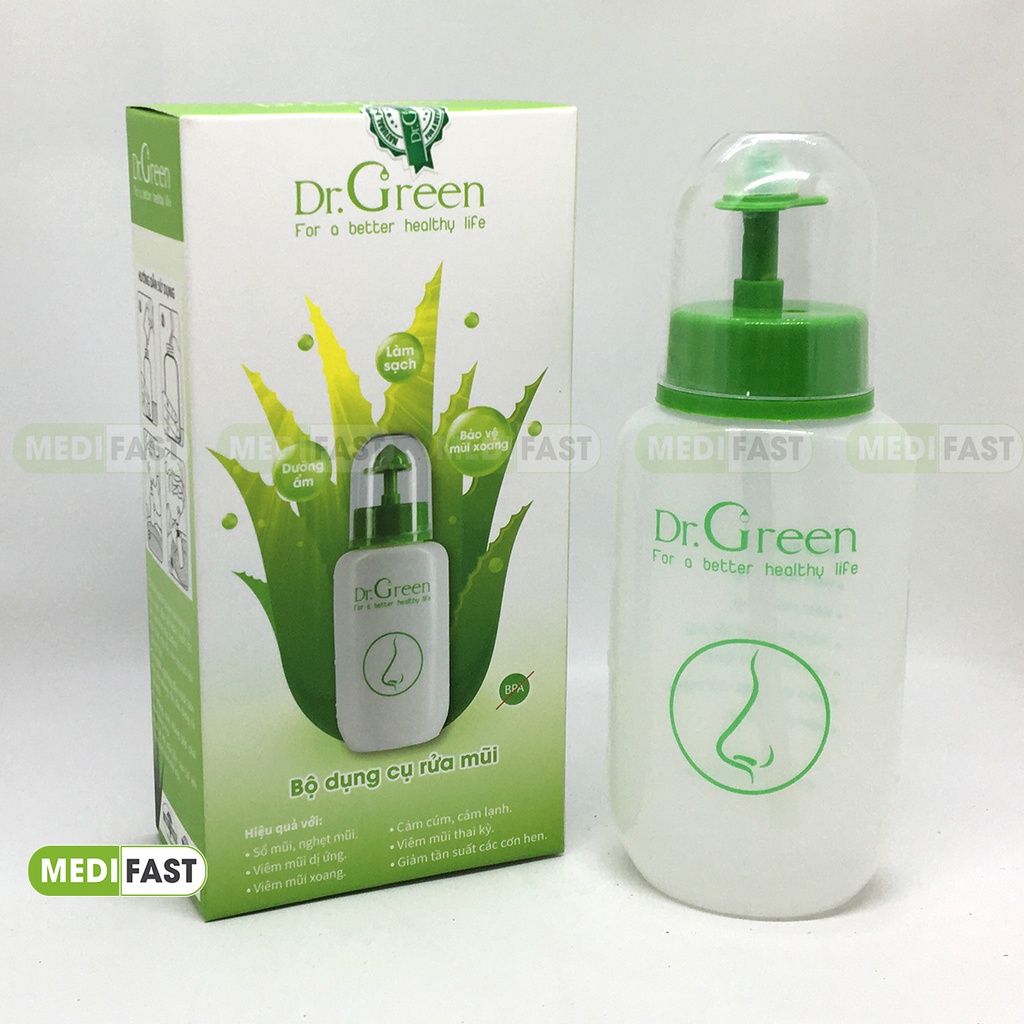 Bình rửa mũi Dr Green tặng kèm 10 gói muối dưỡng ẩm - làm sạch - bảo vệ mũi xoang