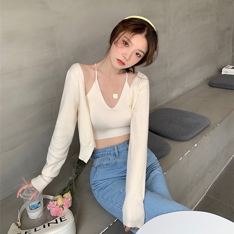 QKOOLE  Áo cardigan màu trơn và áo hai dây dệt kim thời trang Hàn Quốc cho nữ