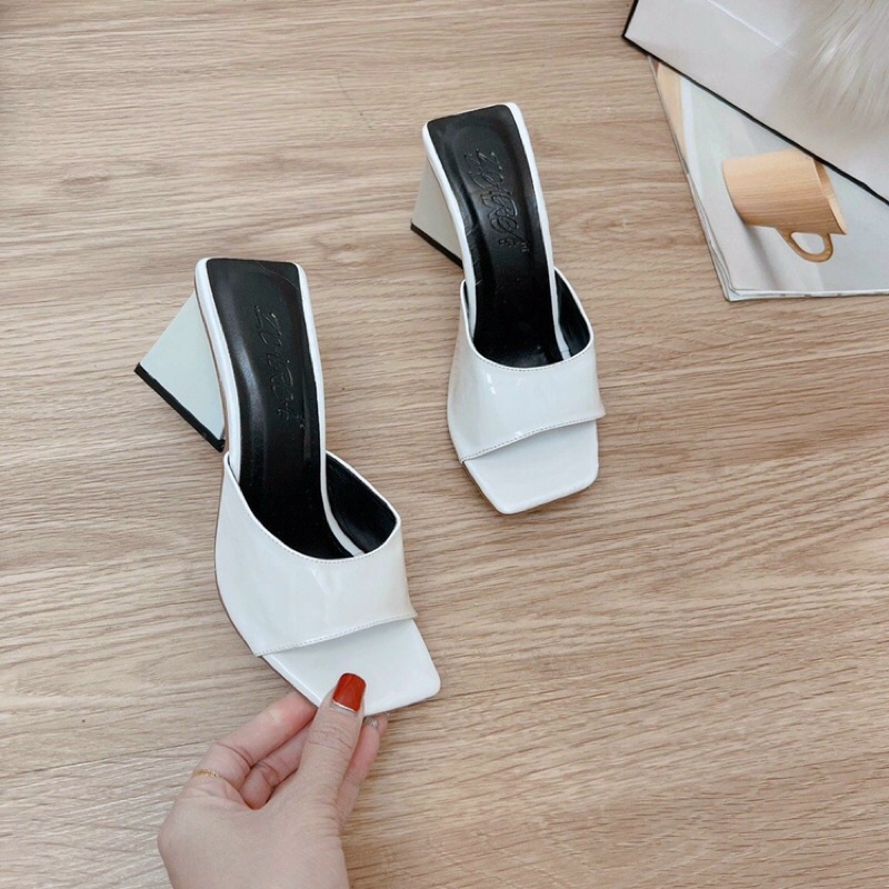Guốc nữ gót tam giác 9 phân da bóng và quai trong hàng vn cao cấp