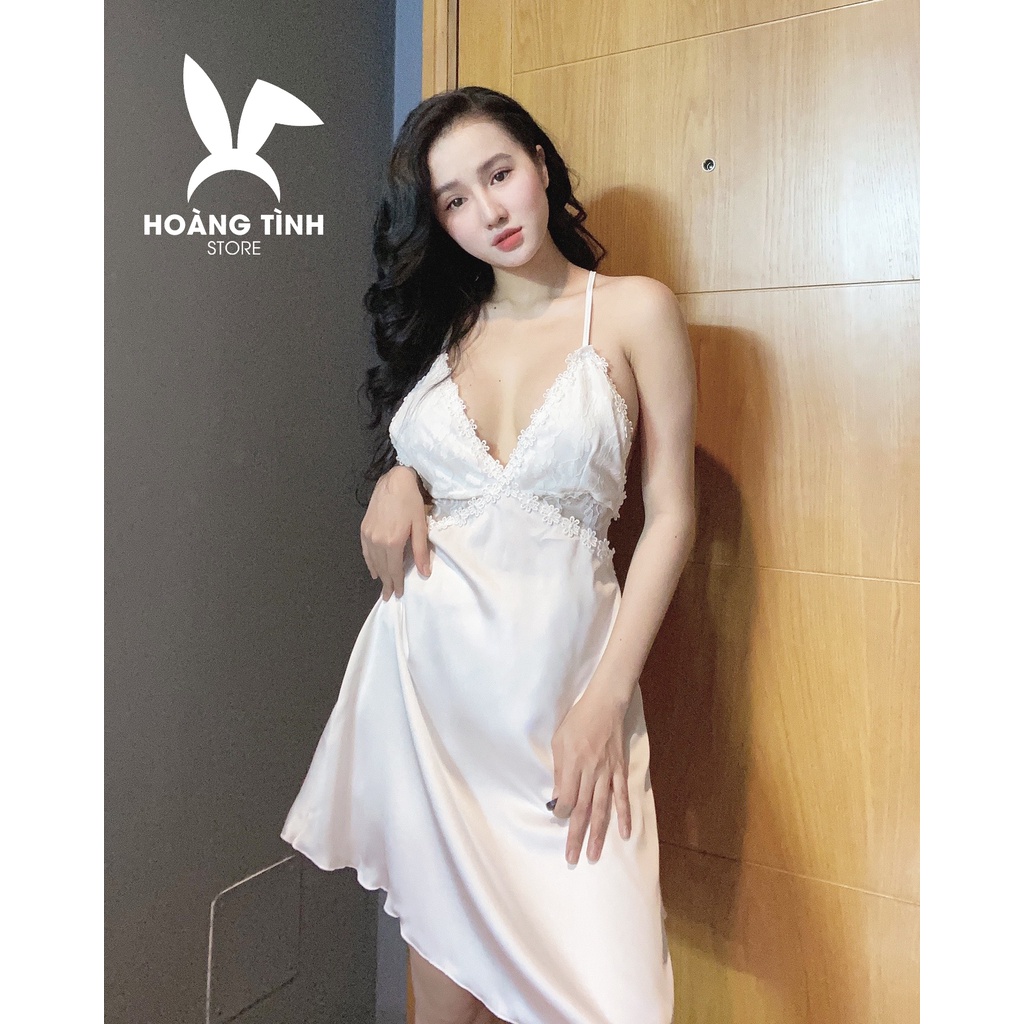 Đầm ngủ sexy gợi cảm 2 dây lụa satin cao cấp Hoàng Tình Store váy ngủ sexy chéo lưng phối ren quyến rũ Freesize
