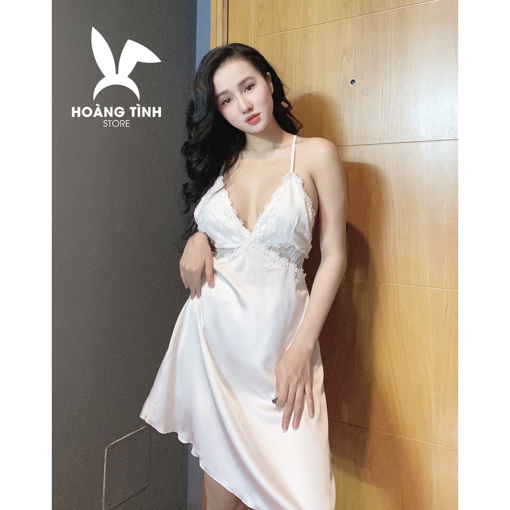 Đầm ngủ sexy 2 dây chéo lưng phối ren gợi cảm Hoàng Tình Store lụa satin cao cấp mặc nhà mềm mại thoáng mát Freesize