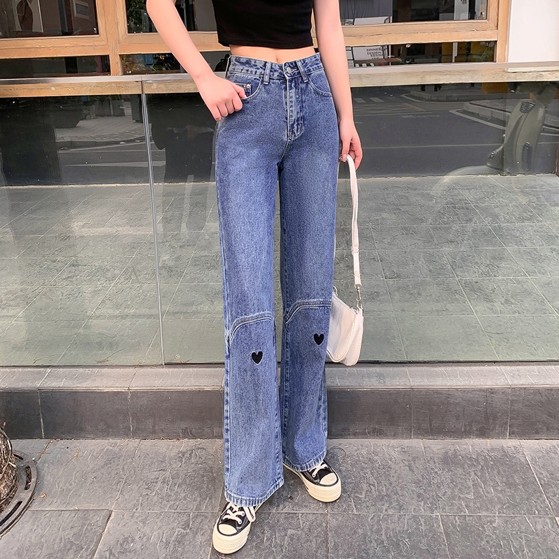 Quần Jeans Nữ Lưng Cao Ống Rộng Thêu Hình Trái Tim Thời Trang