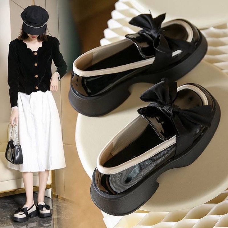 [ORDER 7-15ngày] Giày Da Mary Jane Mũi vuông đính NƠ Phong Cách Hàn Quốc đế dày màu đen trắng be