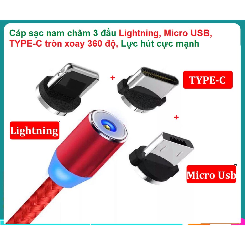 Dây Cáp Sạc Nhanh Nam Châm 3 Đầu Iphone/ micro USB/ Type C Xoay 360 Độ Dây Dù Có LED Cao Cấp