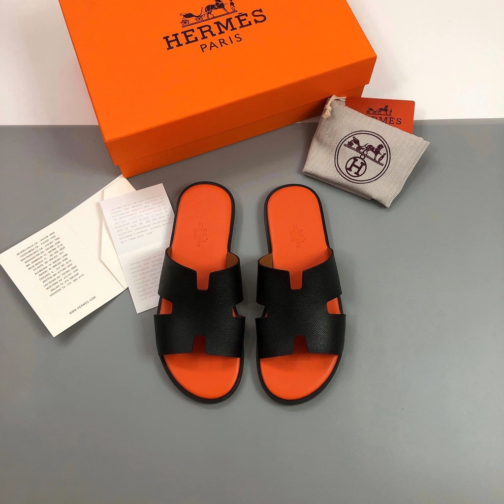 Dép Hermes SC Đen nhám đế gỗ Cam da thật fullbox check code