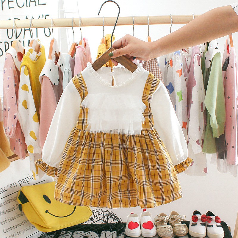 Váy thu đông caro ren ngực bé gái size 6-14kg VT18