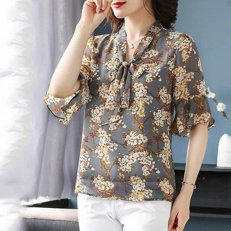 Áo sơ mi chiffon tay ngắn in hoa thời trang cho nữ