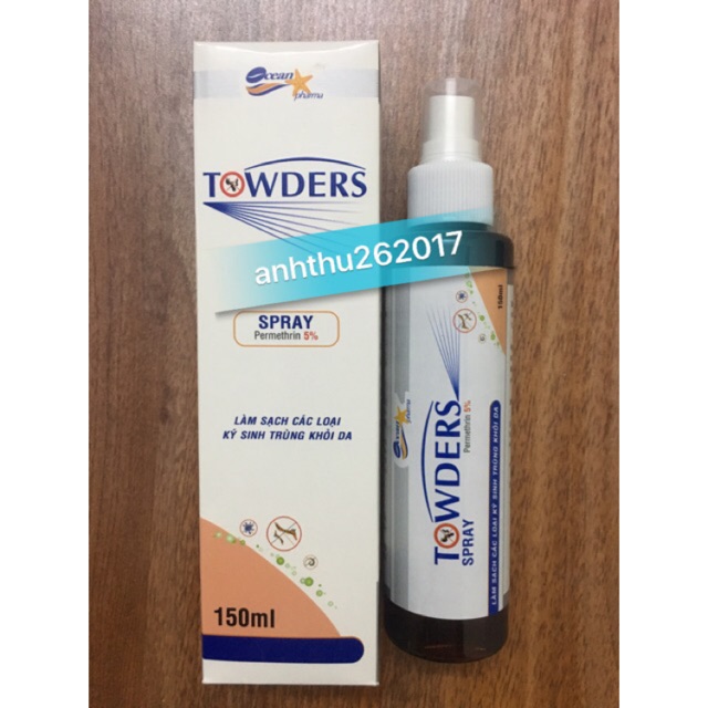 TOWDERS SPRAY 150ML. PERMETHRIN 5%. LÀM SẠCH CÁC LOẠI KÝ SINH TRÙNG KHỎI DA.