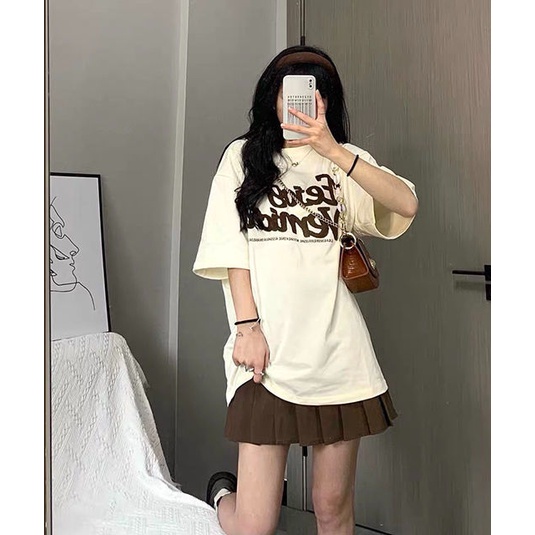 AMOI Bộ Áo Thun + Chân Váy Kaki Xếp Ly Phong Cách Retro Hàn Quốc Cho Nữ