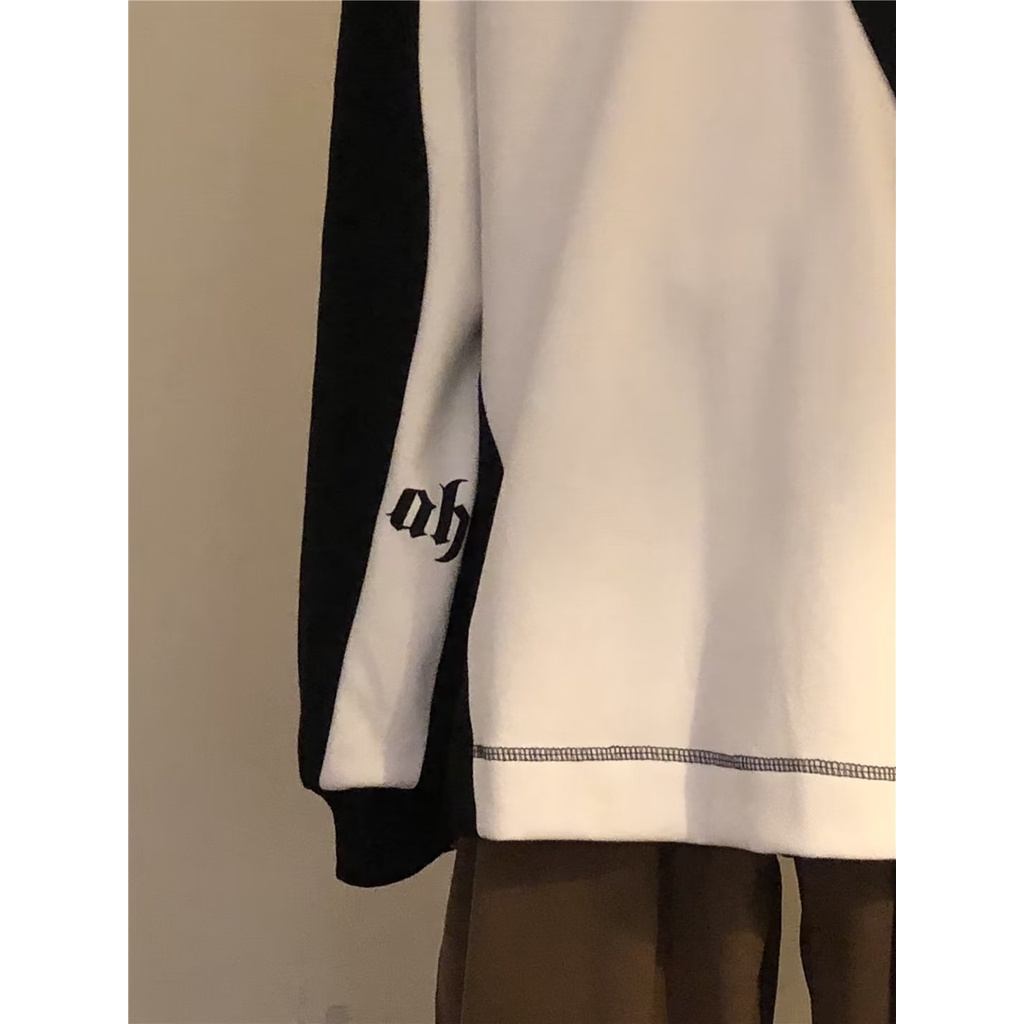 Áo Sweater POLO Dáng Rộng Tay Dài Cổ Đứng Phối Màu Trắng Đen Tương Phản Thời Trang Cho Nam