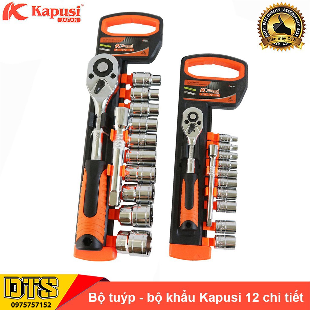 Bộ tuýp, bộ khẩu sửa chữa Kapusi Japan 12 chi tiết, thép cứng CR-V, cần tự động có nút nhấn giocongcu