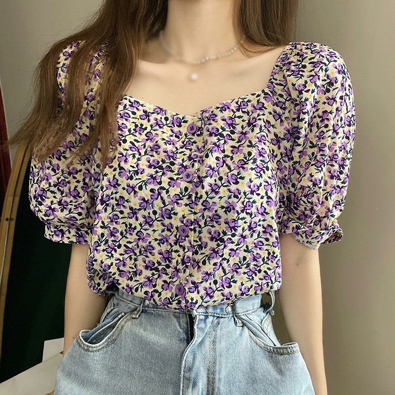 Áo voan kiểu tay ngắn thiết kế trễ vai phong cách cổ điển dành cho nữ