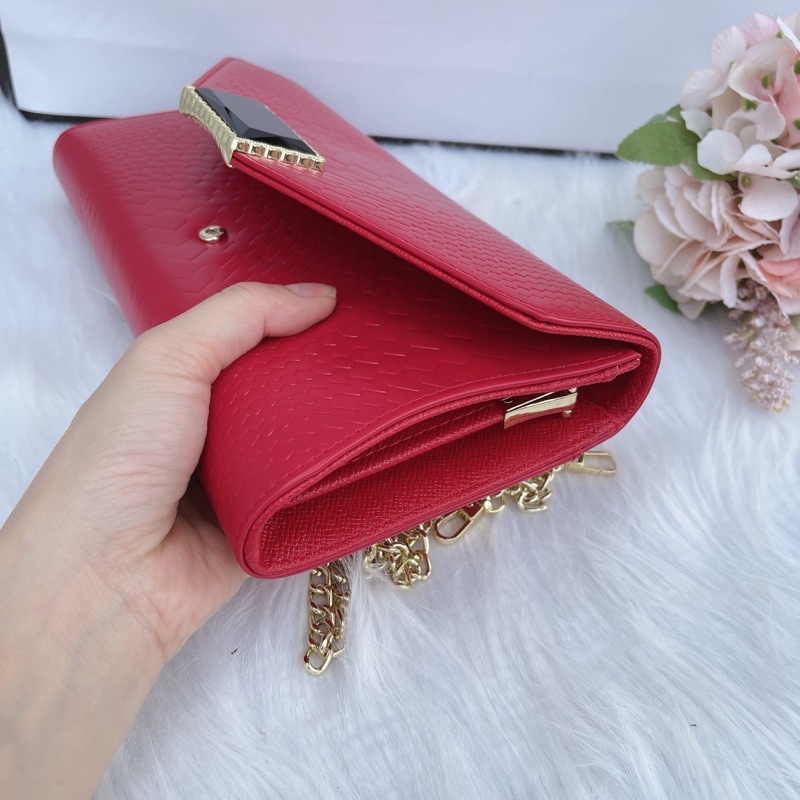 Túi ví clutch cầm tay nữ, kèm dây xích, khuy đá sang chảnh