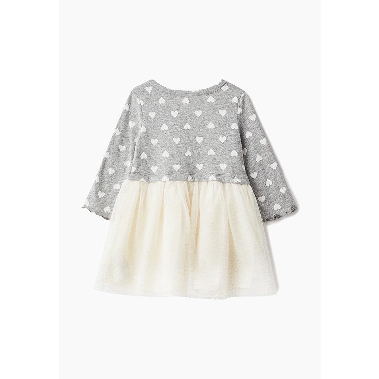 Váy thun tăm Baby Gap màu ghi hình tim trắng phối chân voan nhũ trắng