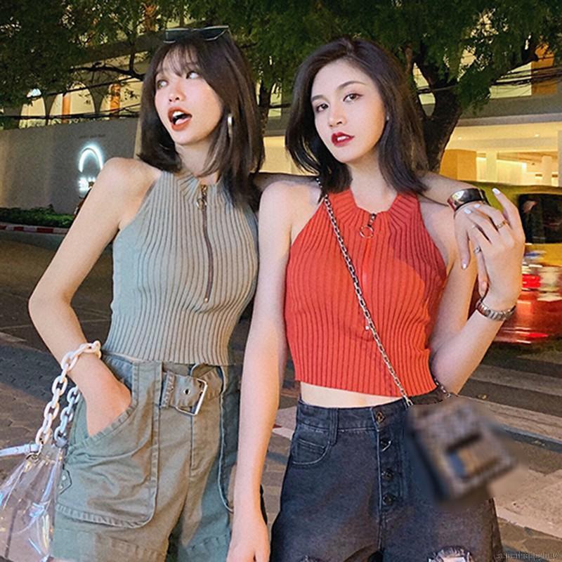 Áo không tay dệt kim thiết kế cổ yếm quyến rũ cho nữ