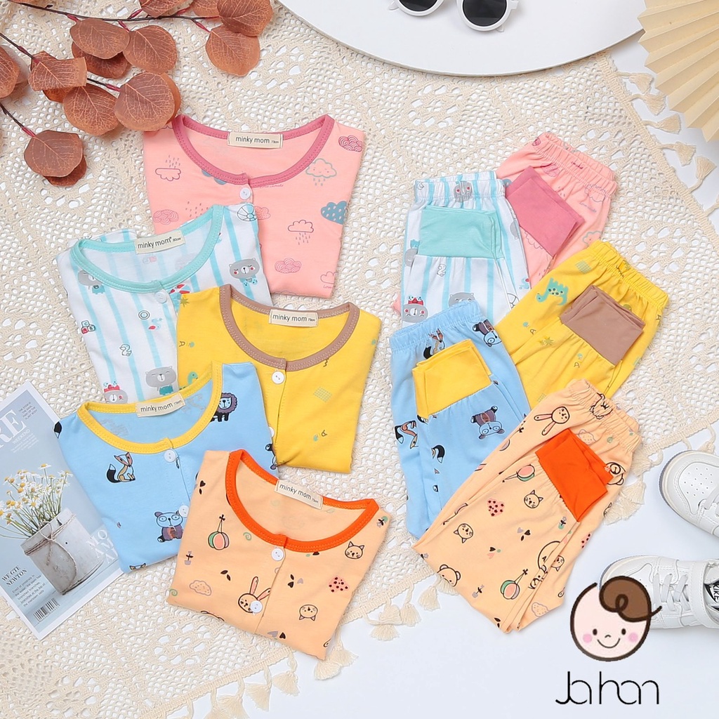 Bộ Dài Tay Cho Bé Trai Bé Gái Sơ Sinh Minky Mom Vải Thun Lạnh Họa Tiết Dễ Thương Có Nút Cài - BDSS1