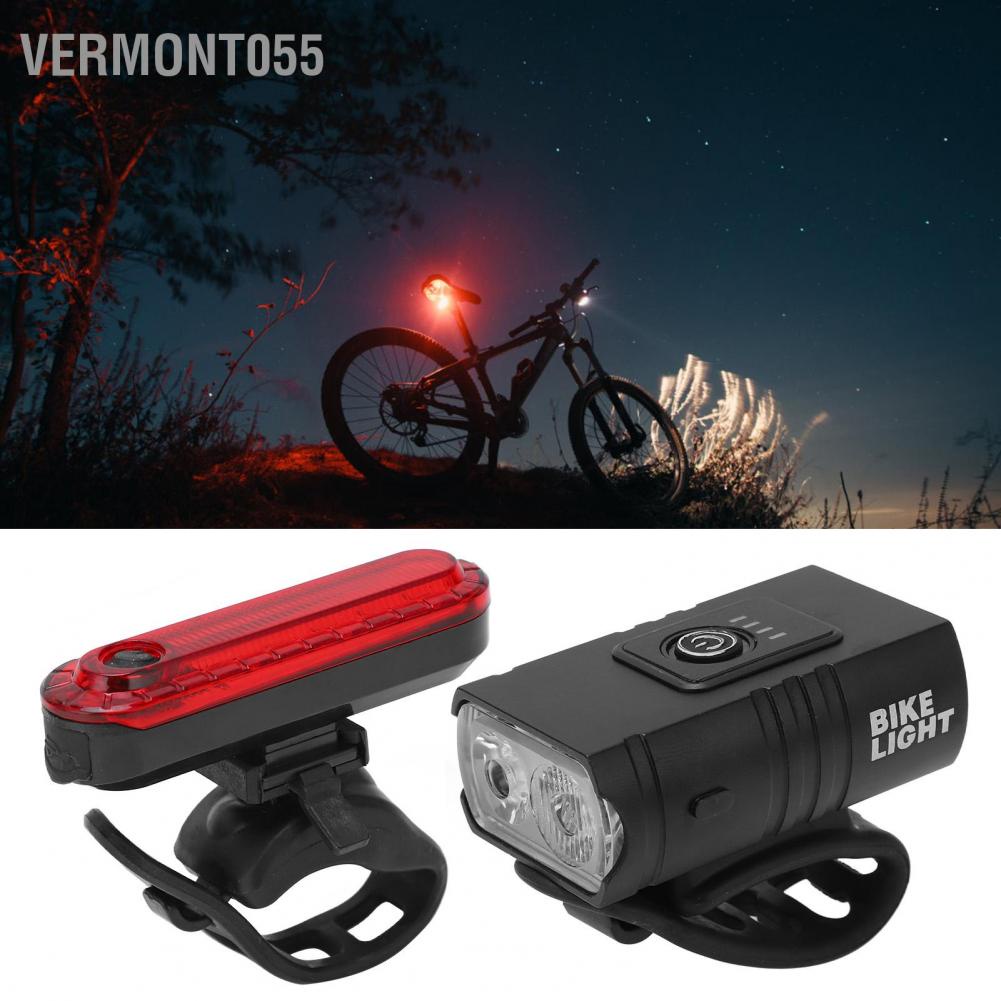 Hàng Hot Bộ đèn xe đạp có thể sạc lại USB Bộ đèn pha phía trước siêu sáng và đèn hậu phía sau Sạc bằng vỏ nhôm Hàng giao ngayVermont055