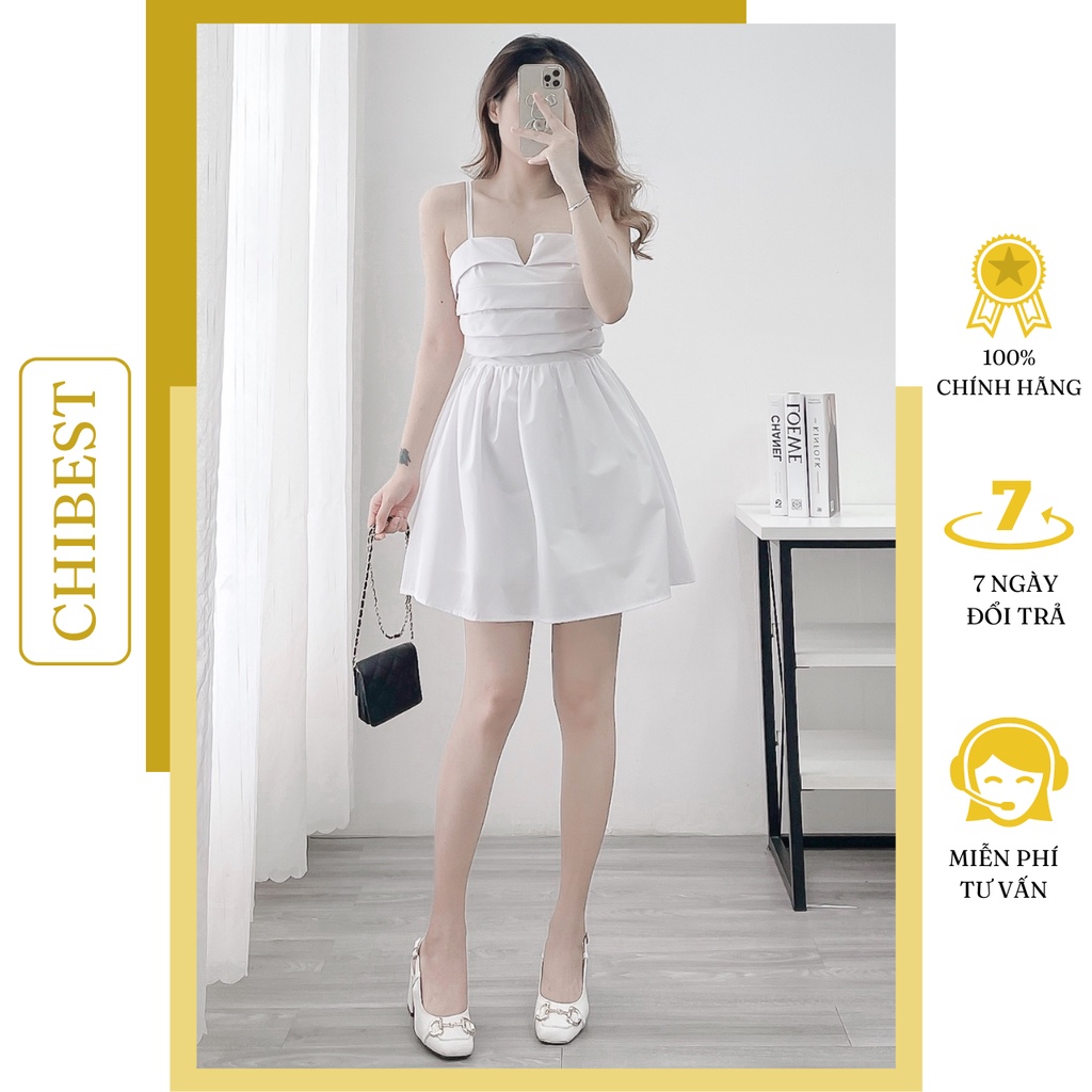 Đầm 2 dây dáng xòe xếp ly kate 2 dây tùng phồng ly ngực CHIBEST ADB65