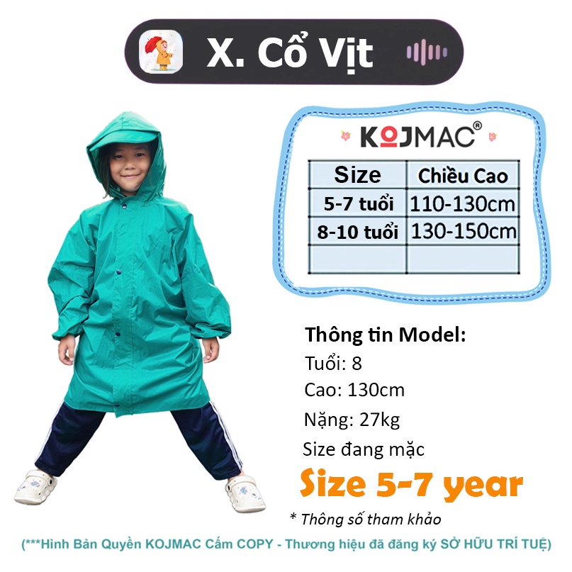 Áo Mưa Trẻ Em Dây Khóa Kéo KOJMAC Raincoat For Kid ( Bộ Quần Áo Liền Thân Cho Bé Học Sinh Balo vải dù da cá .. giá sỉ )