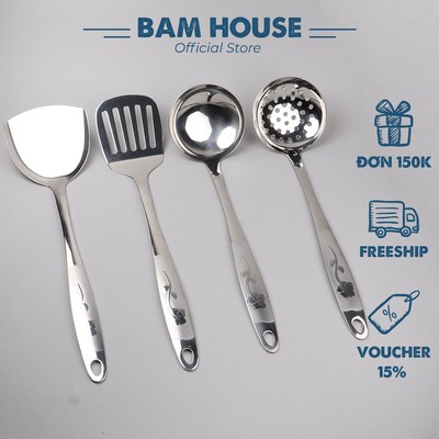 Vá đặc, Vá lỗ, Xẻng đặc, Xẻng lỗ inox Bam House cán hoa loại lớn cao cấp siêu bền SCH05