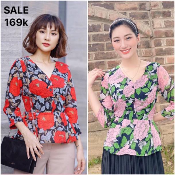 Bán Sỉ Áo sơ mi hoa peplum cổ V phối cúc sale💕video💕