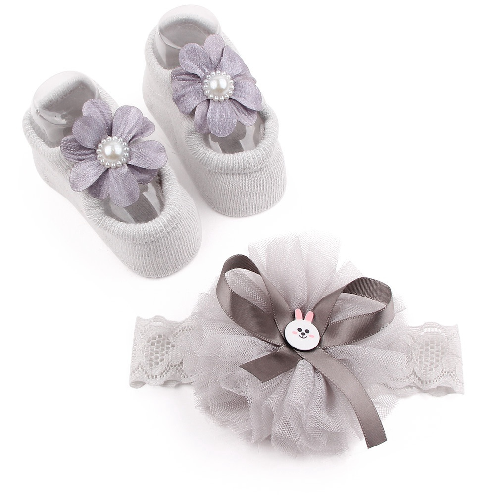 Lace Flower Baby Girls Socks With Headband Sets Crown Bows Pearl Elastic Headbands Newborn Hair Accessories Solid Color Grey