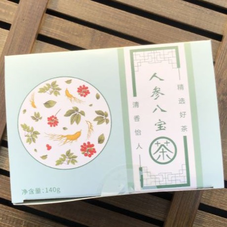 Trà nhân sâm bát bảo - tám vị thảo mộc: táo tàu, hoa cúc, táo mèo, phật thủ, nhân sâm, kỷ tử, cát cánh, đường phèn