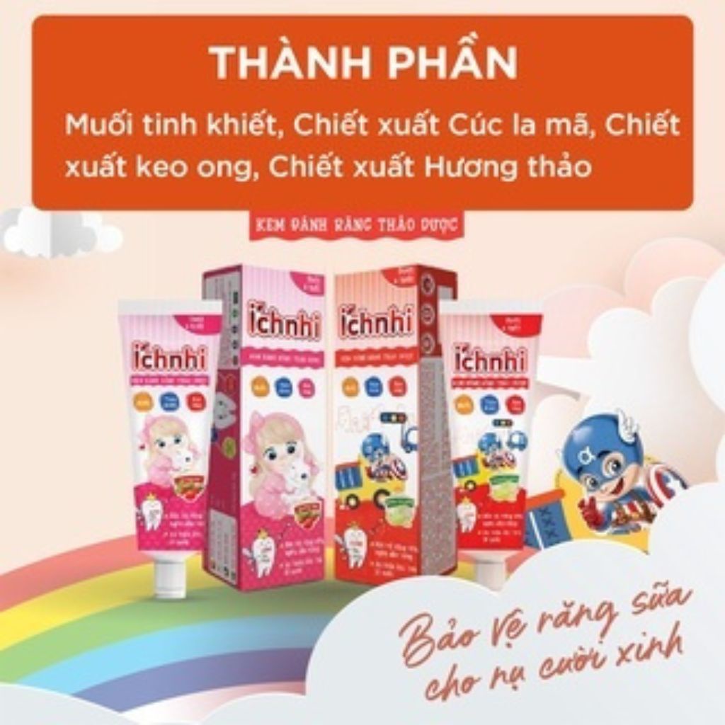 Combo 3 tuýp kem đánh răng trẻ em thảo dược Ích Nhi hương dâu tuýp 50g cho bé dưới 6 tuổi nuốt được, chăm sóc răng miệng