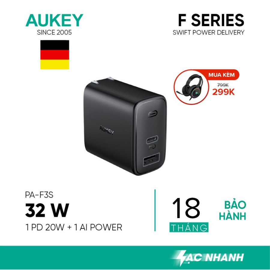 Cốc Sạc Aukey 2 Cổng PA-F3S, Sạc Nhanh Cổng Type C Power Delivery 20W, Cổng USB-A 12W