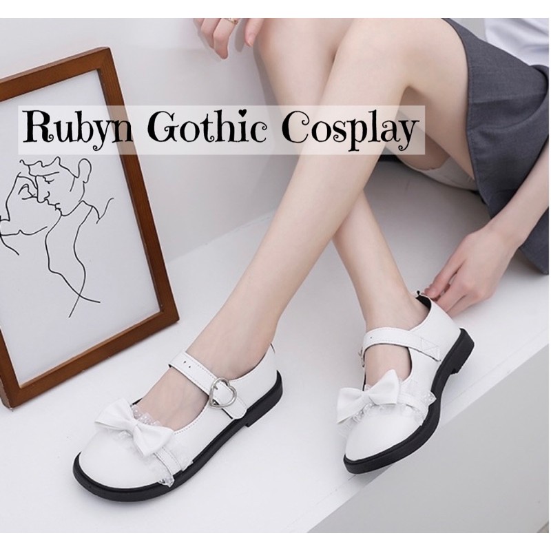 [CÓ SẴN]  Giày Búp Bê Lolita Mary Janes phối Nơ Ren quai dán khoá trái tim ( Size 35 - 39 )