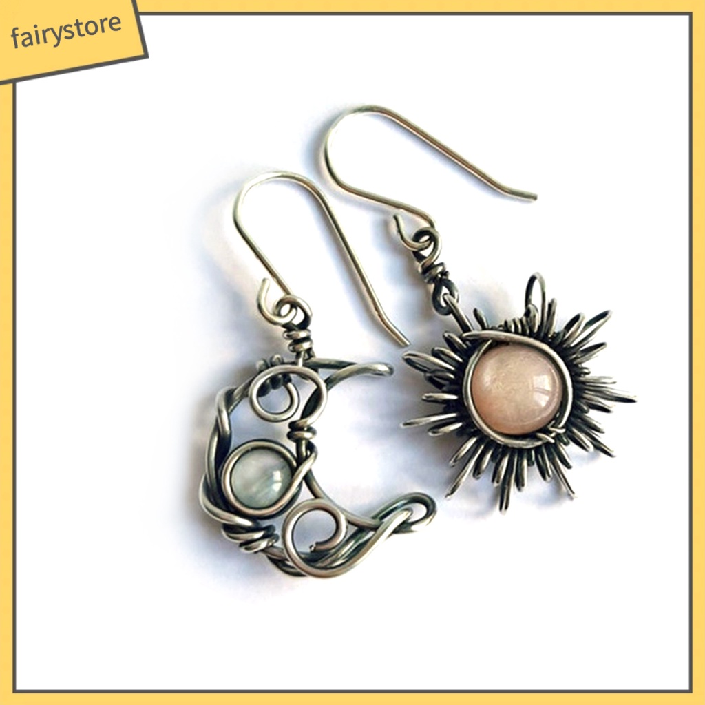 Cặp hoa tai dáng dài hình mặt trăng và mặt trời phong cách bohemian