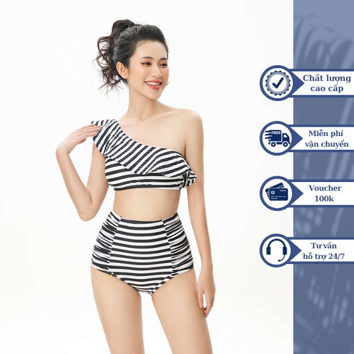 Đồ bơi nữ BIKINI PASSPORT dạng hai mảnh lưng cao áo bèo lệch vai - Kẻ sọc - BS438_STR