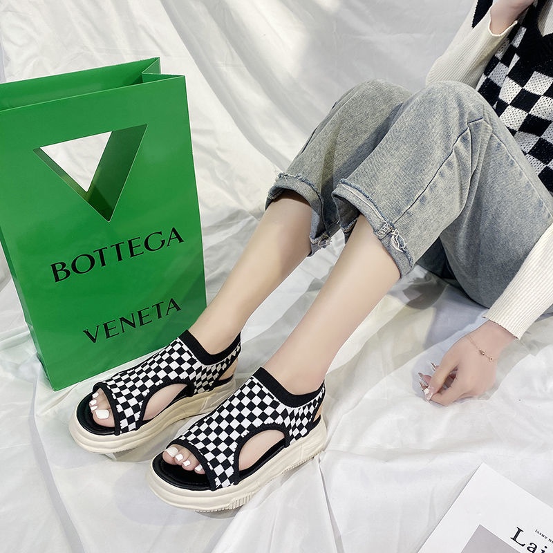 Oeggeo shop Xăng đan Dệt Kim Đế Dày Thoáng Khí Kẻ Sọc Cho Nữ