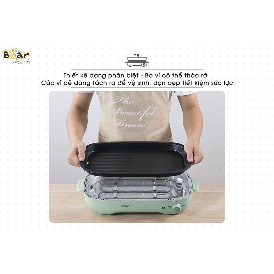 Nồi bếp lẩu nướng điện đa năng mini Bear D12Z4 3 khay, tích hợp 3 trong 1, Dùng cho gia đình tiện lợi, Bảo hành 12 tháng