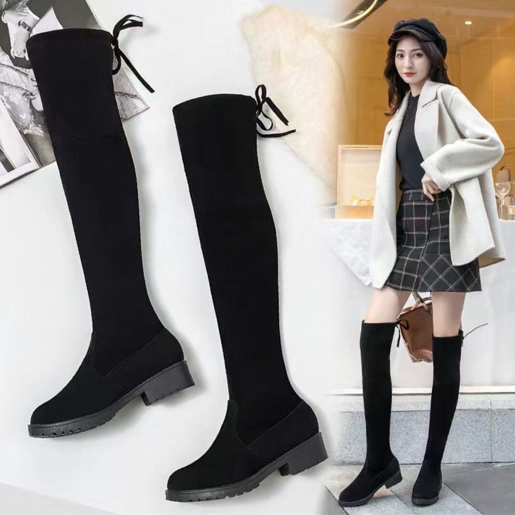 ☺■Giày Bốt Cổ Cao Qua Gối Đế Bằng Thời Trang Cá Tính Cho Nữ☽Mùa Thu 2020☽Giày Boots Mỏng Chất Liệu Co Giãn Thời Trang Mùa Đông☽Giày Bốt Cổ Cao Qua Gối Thời Trang Cá Tính☽Giày Bốt Nữ