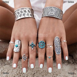 9Pcs/Set Silver Punk Vintage Ring Womens Retro Geometry Finger Rings Boho Style