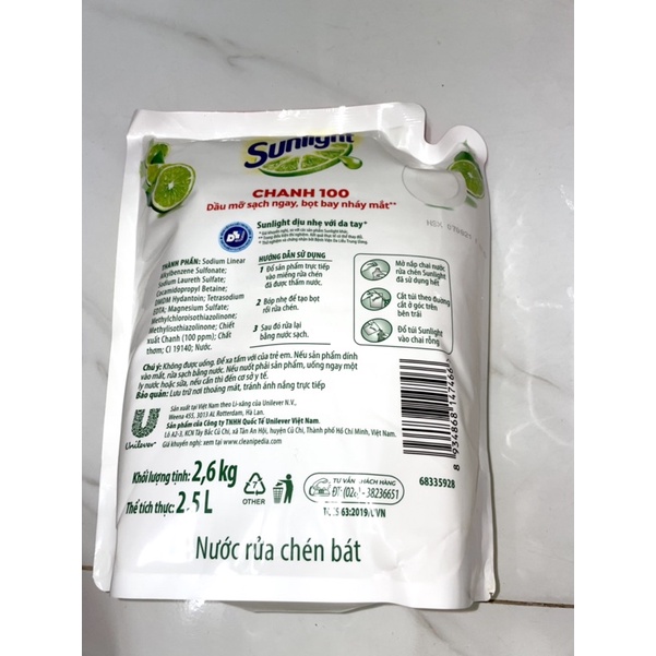 Nước rửa chén Sunlight Chanh Túi 2.6kg 2L6