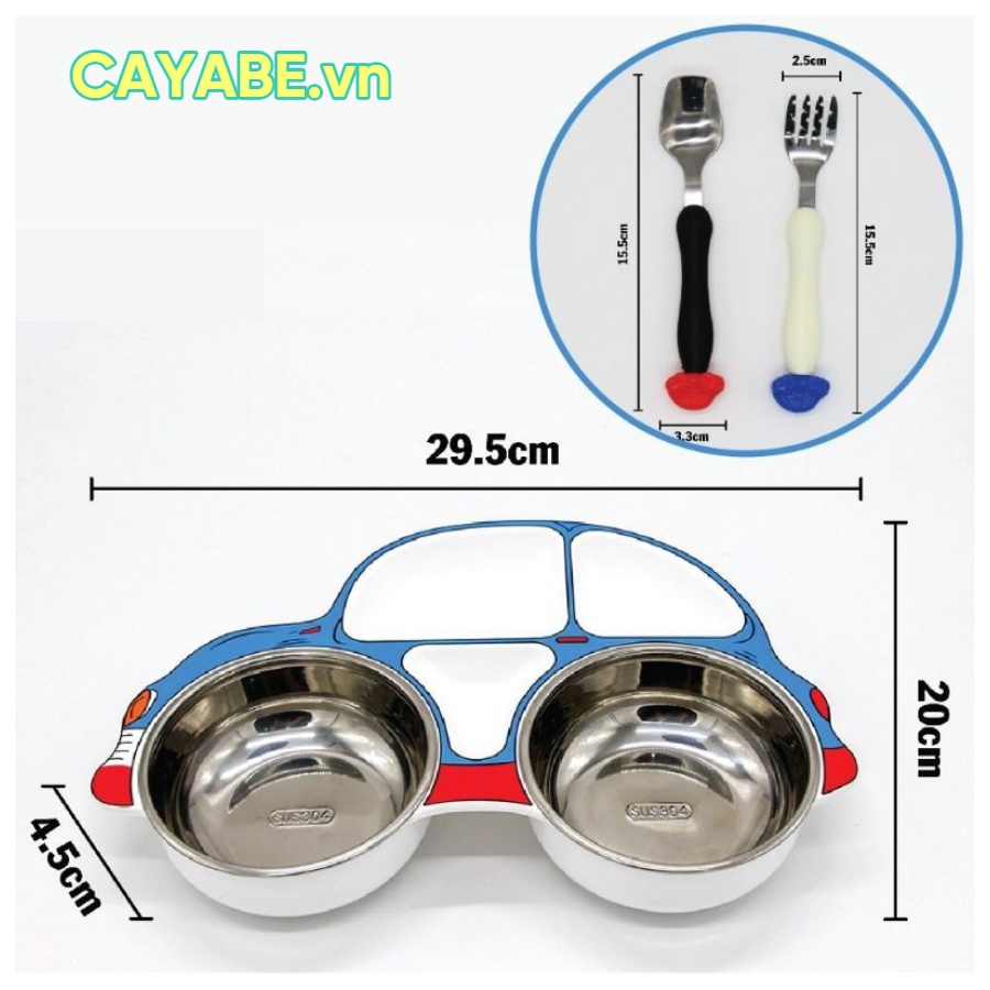 Set khay ăn dặm 3 món inox hình ô tô cho bé Royalcare rc-2020-0805 màu xanh/ đỏ