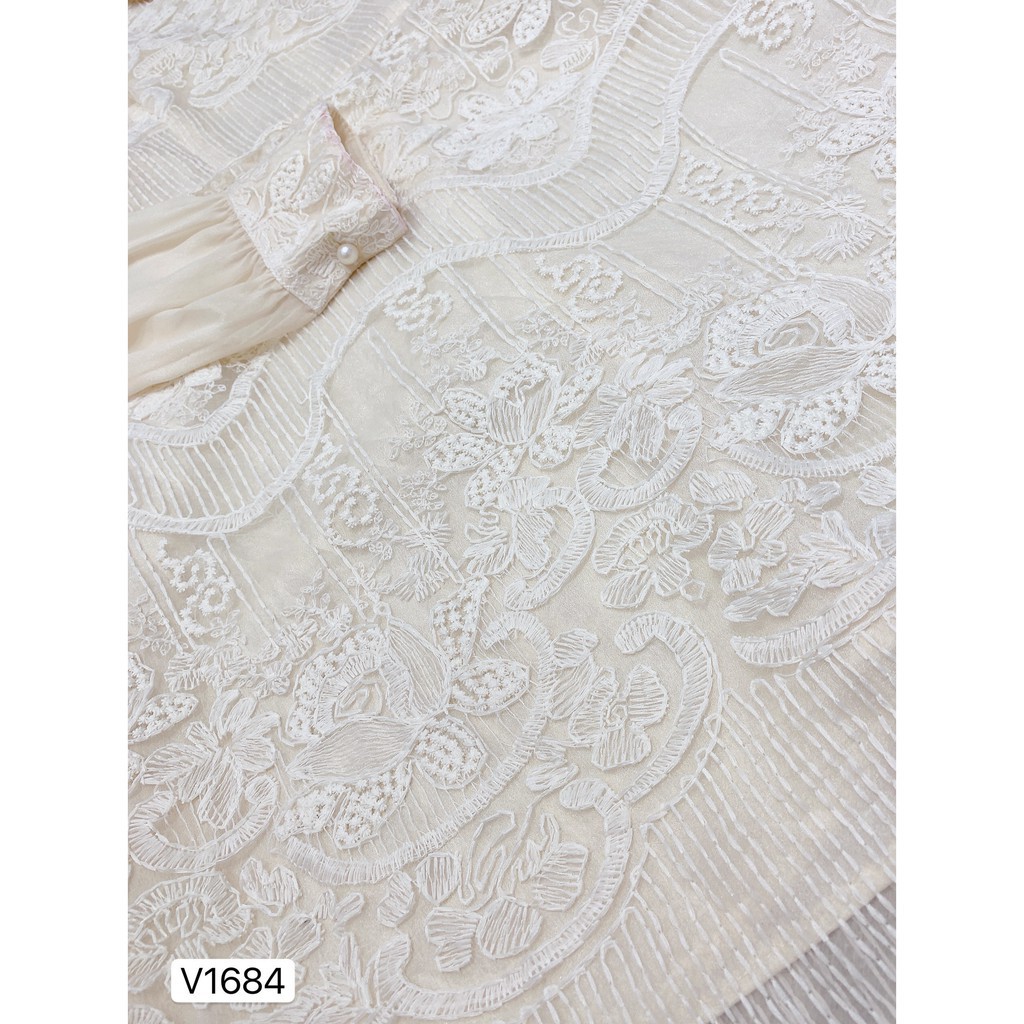 Đầm nữ váy trắng 💗 Đẹp DVC 💗 Váy ren kem tay dài cổ đức V1684