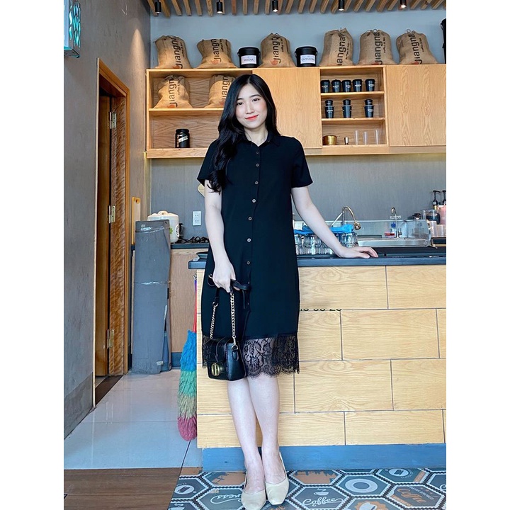 Váy bầu sơ mi thiết kế xuông chân ren xinh xắn M006 Mom and baby