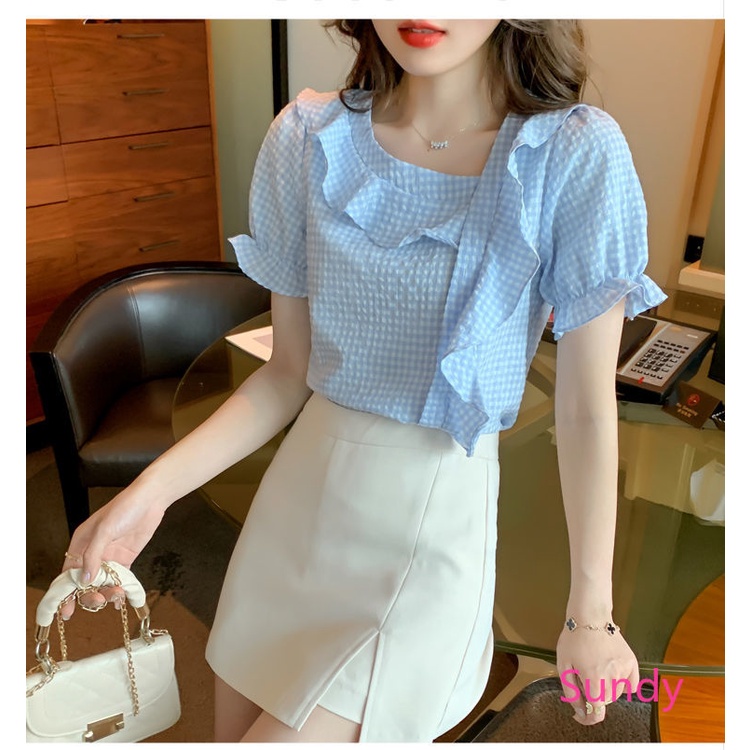 Áo Sơ Mi Chiffon Tay Ngắn Phối Bèo Họa Tiết Sọc Caro Thời Trang Mùa Hè Cho Nữ