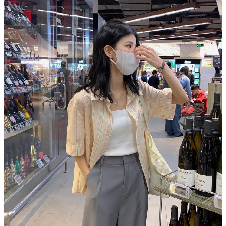 Áo Sơ Mi Tay Ngắn Dáng Rộng Họa Tiết Kẻ Sọc Đơn Giản Thời Trang Mùa Hè Cho Nữ