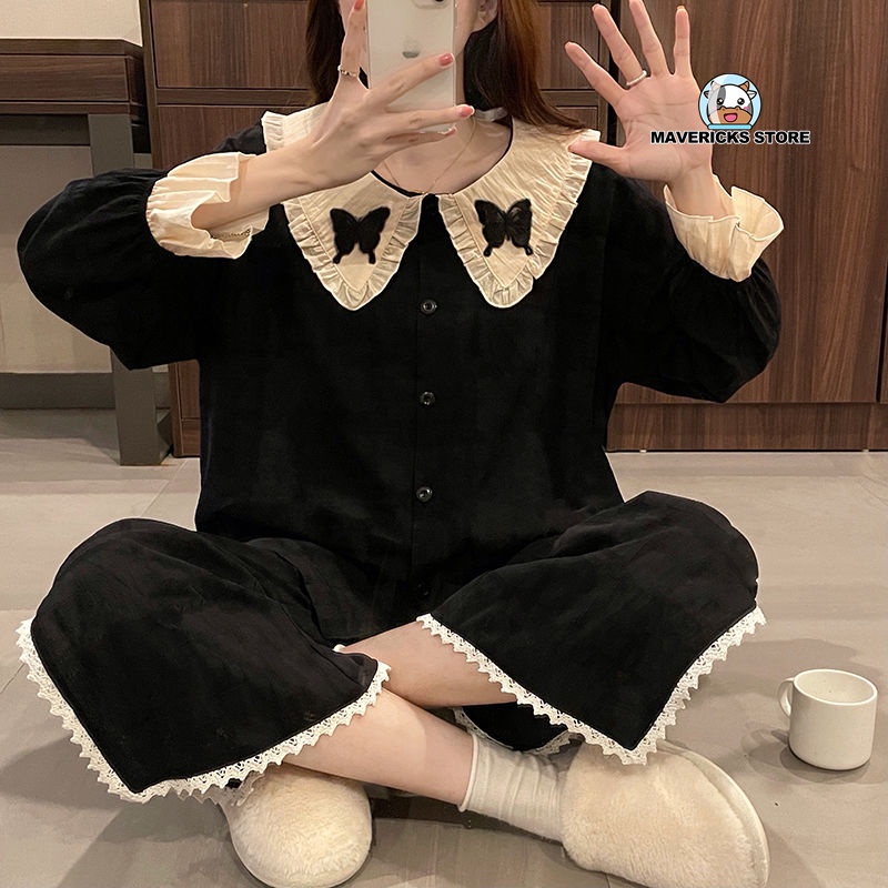 Bộ đồ ngủ phối ren tay dài cổ búp bê màu đen thời trang mùa thu cho nữ