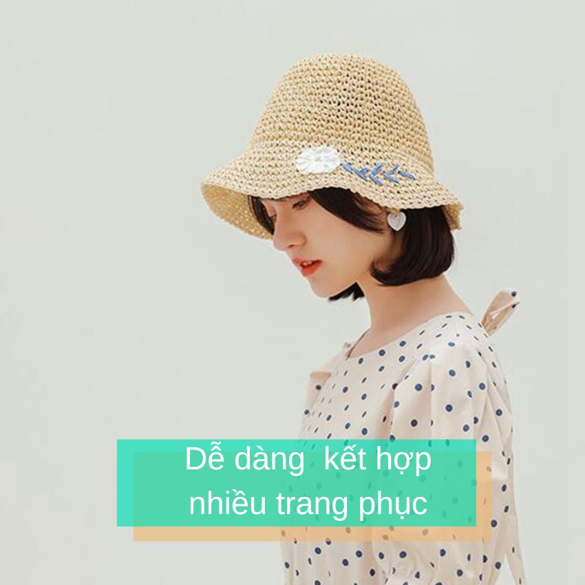 Mũ Bucket cói mềm thêu hoa lá nữ tính