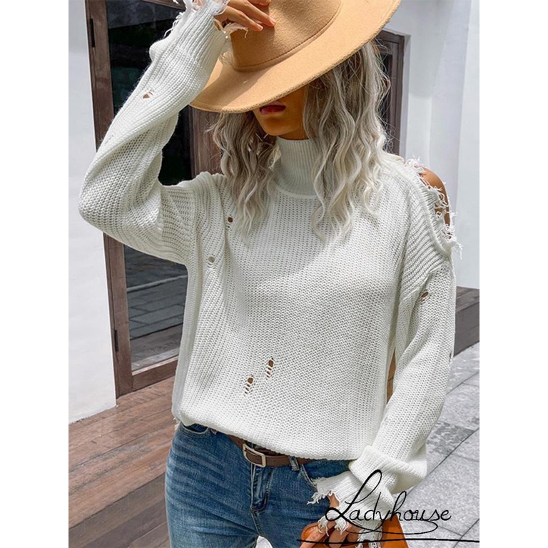 Áo Dệt Kim Tay Dài Cổ Cao Xẻ Tà Màu Sắc Trơn Thời Trang Xuân Thu Dành Cho Nữ