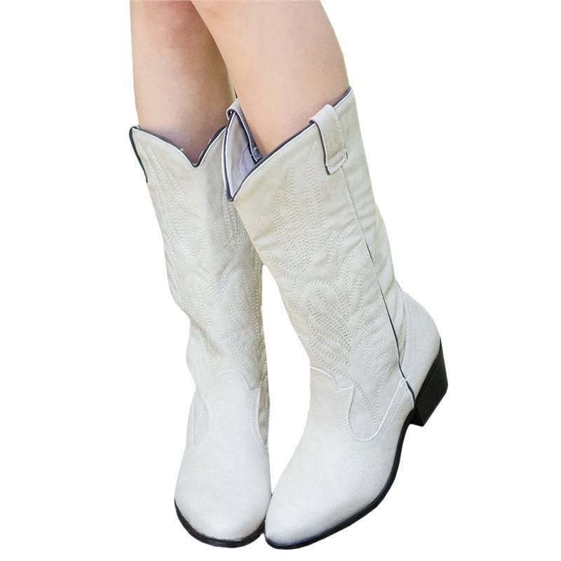 Giày bốt da bò cổ cao ngang bắp chân dạng kéo lên phong cách vintage Phương Tây thời trang cho nữ | BigBuy360 - bigbuy360.vn